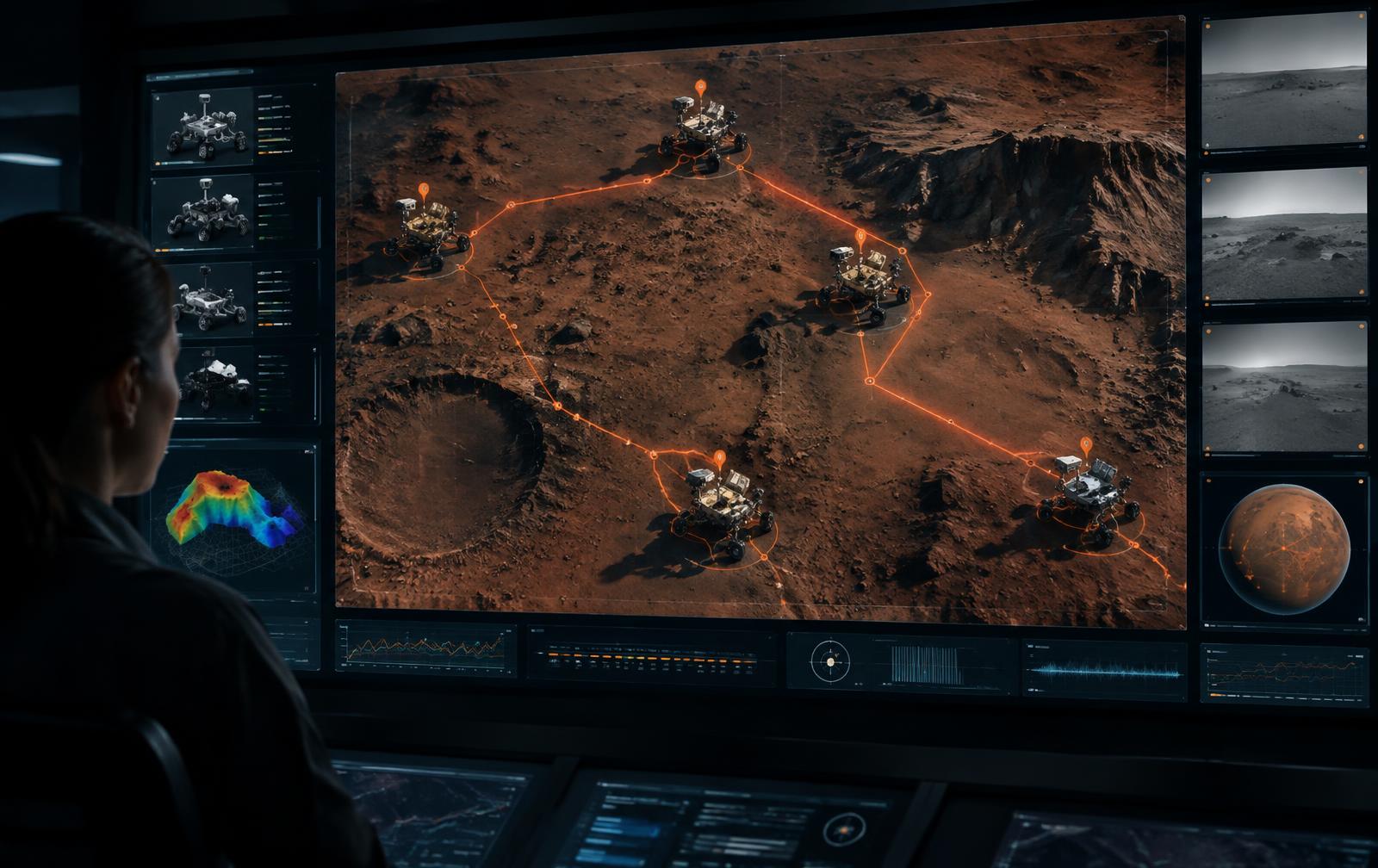 Mars rover fleet operations on a terrain map
