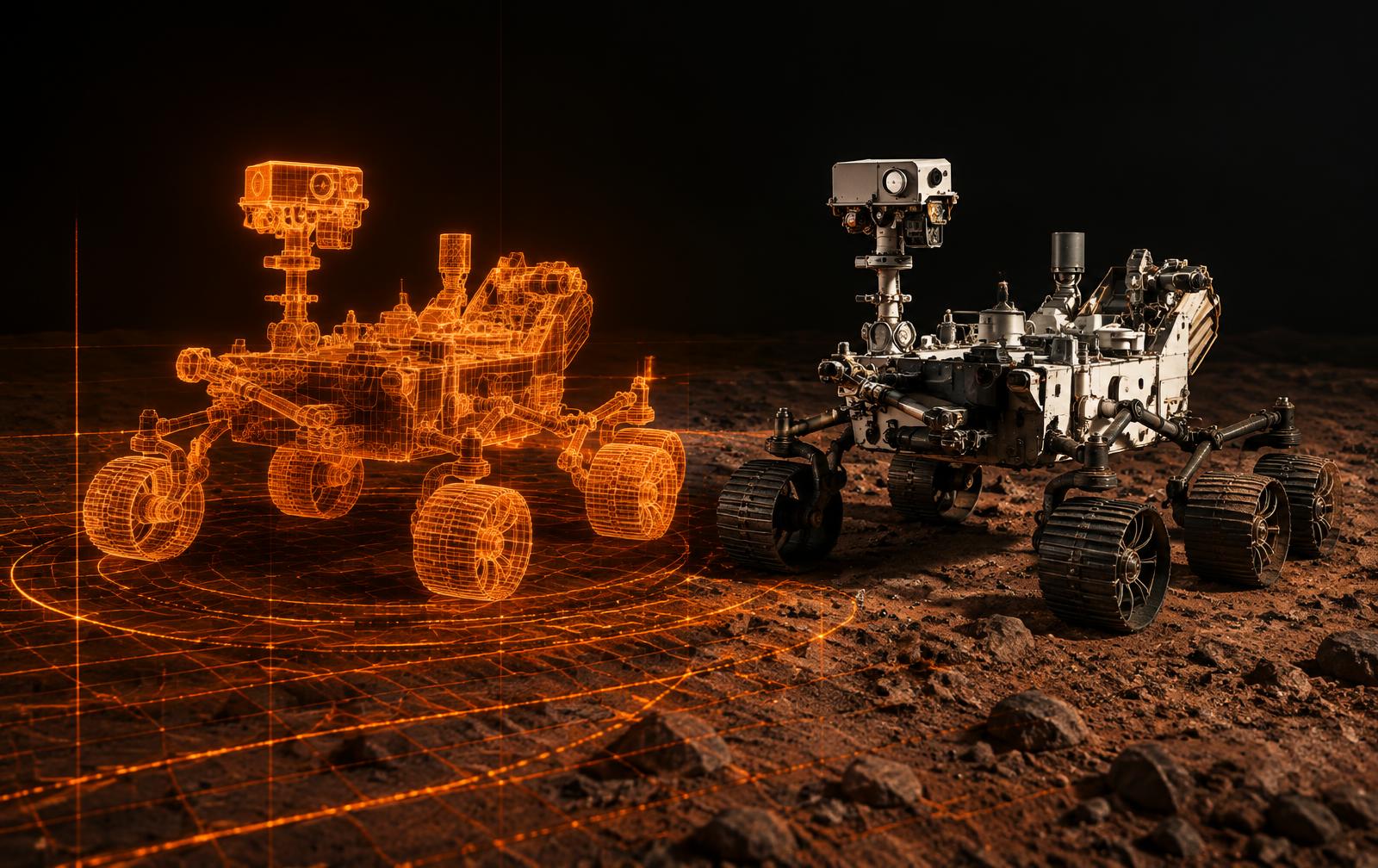 Wireframe physics simulation next to a Mars rover